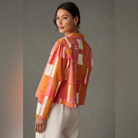 Anthropologie Porridge Ria Printed Shirt Jacket Medium Orange bold colorful pink - Picture 3 of 11